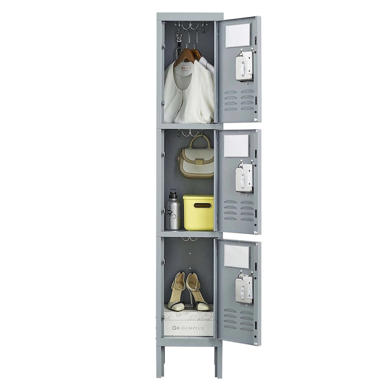 Taquillas metálicas de 3 puertas y 66 de alto con cerradura para empleados, armario de almacenamiento para gimnasio en casa, oficina, escuela y garaje, gris
