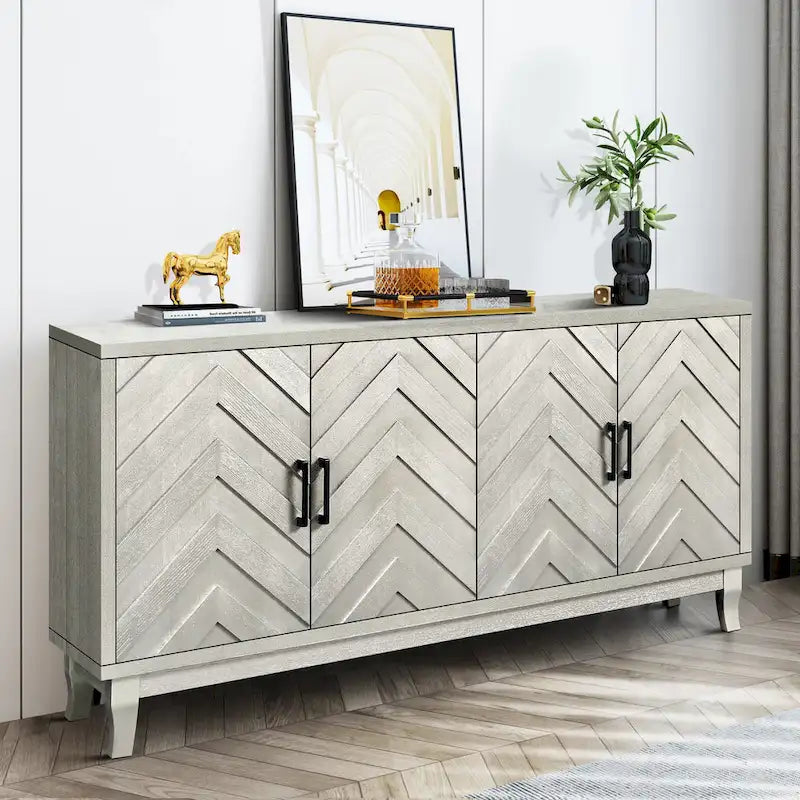 Aparador de estilo vintage intenso, armario auxiliar lacado de madera con 4 puertas, armario de almacenamiento tipo aparador con laterales reforzados