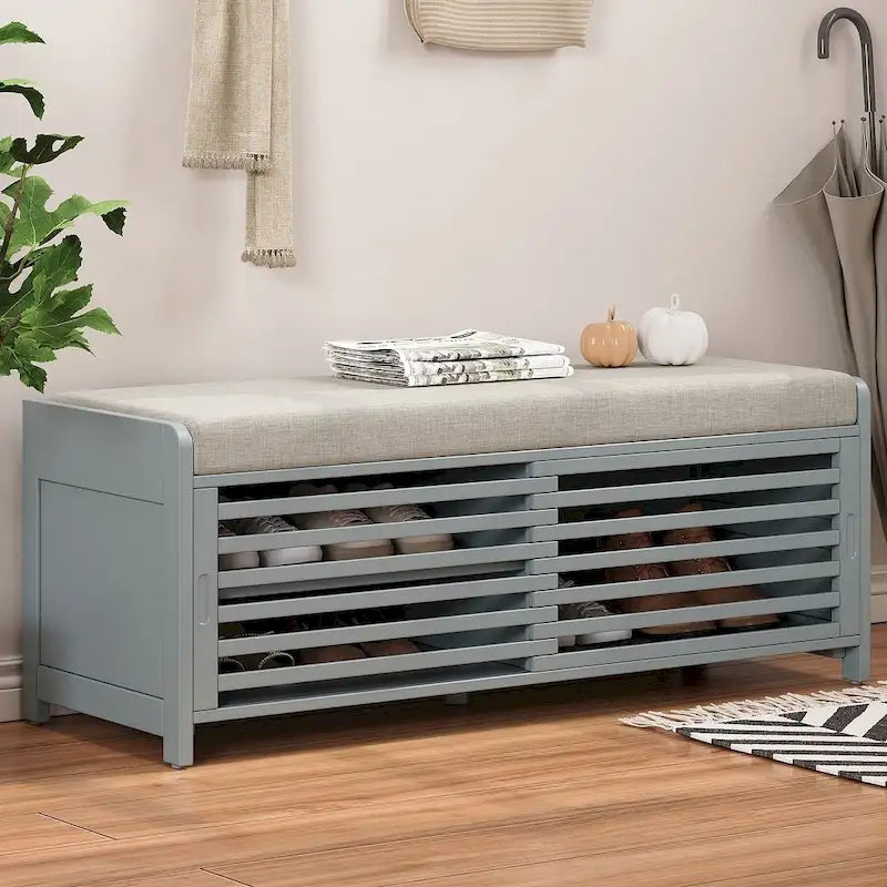 Banco de almacenamiento de madera maciza de 43.30 con persianas contemporáneas de estilo envejecido