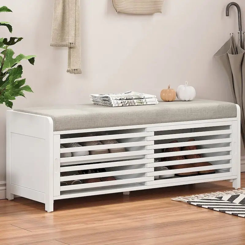 Banco de almacenamiento de madera maciza de 43.30 con persianas contemporáneas de estilo envejecido