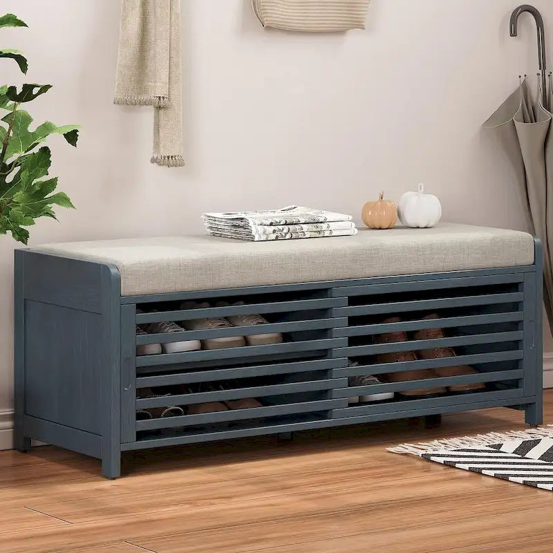 Banco de almacenamiento de madera maciza de 43.30 con persianas contemporáneas de estilo envejecido