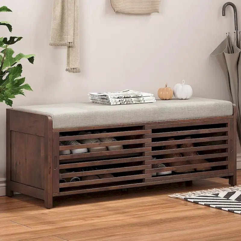 Banco de almacenamiento de madera maciza de 43.30 con persianas contemporáneas de estilo envejecido
