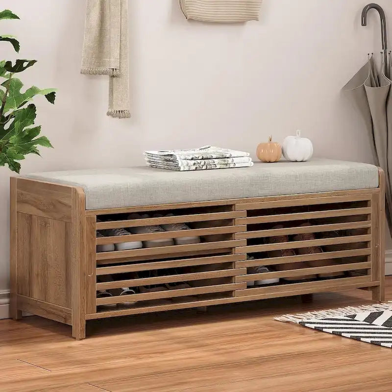 Banco de almacenamiento de madera maciza de 43.30 con persianas contemporáneas de estilo envejecido