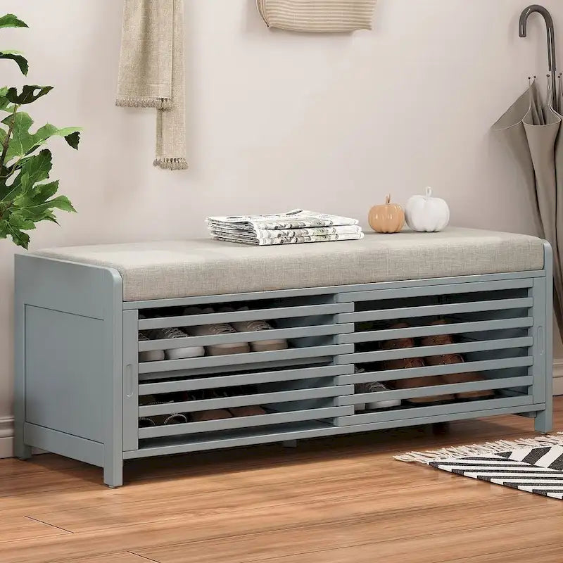 Banco de almacenamiento de madera maciza de 43.30 con persianas contemporáneas de estilo envejecido