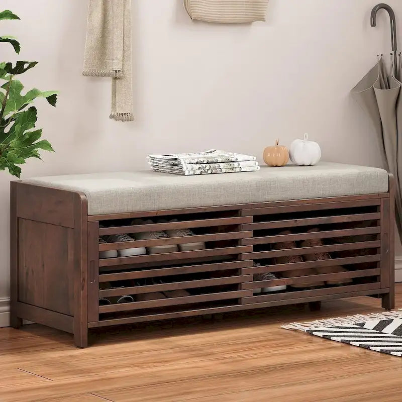 Banco de almacenamiento de madera maciza de 43.30 con persianas contemporáneas de estilo envejecido