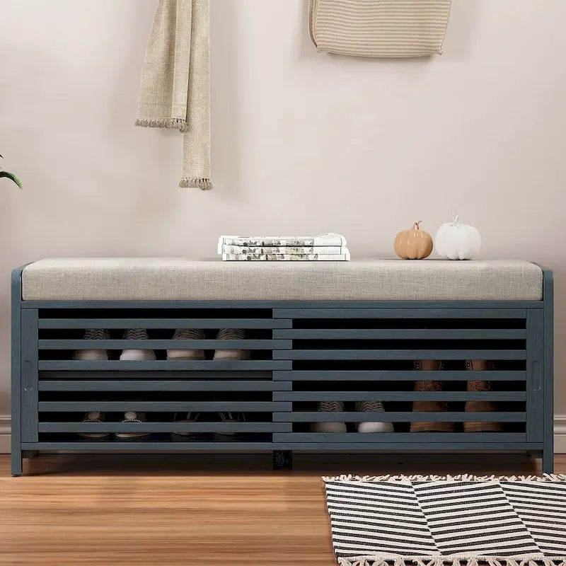 Banco de almacenamiento de madera maciza de 43.30 con persianas contemporáneas de estilo envejecido