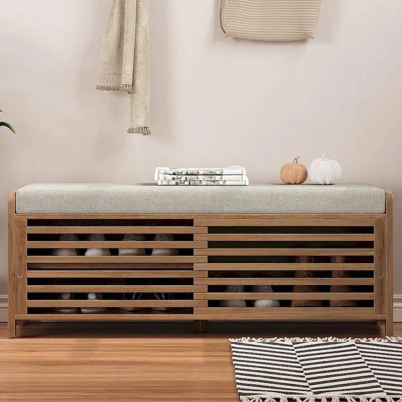 Banco de almacenamiento de madera maciza de 43.30 con persianas contemporáneas de estilo envejecido