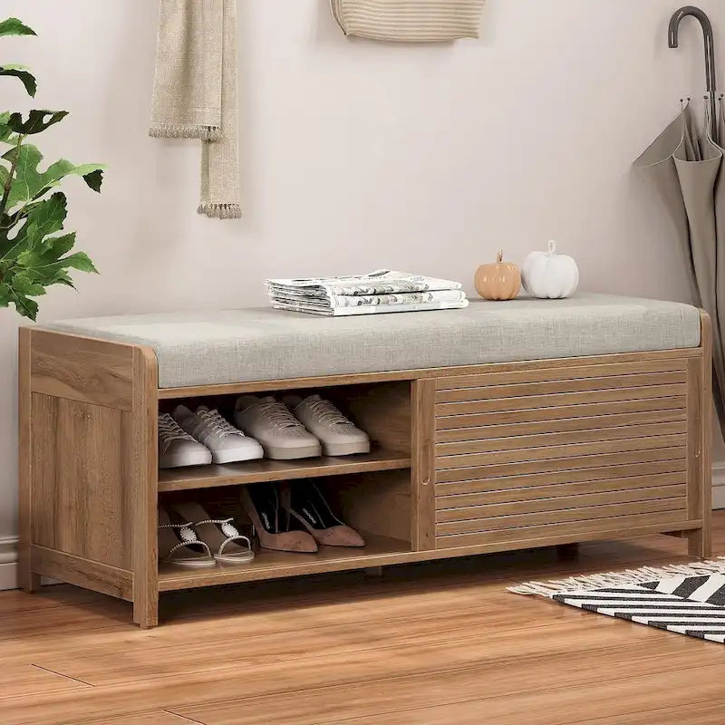 Banco de almacenamiento de madera maciza de 43.30 con persianas contemporáneas de estilo envejecido