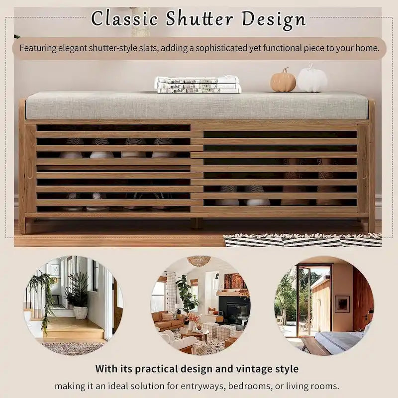 Banco de almacenamiento de madera maciza de 43.30 con persianas contemporáneas de estilo envejecido