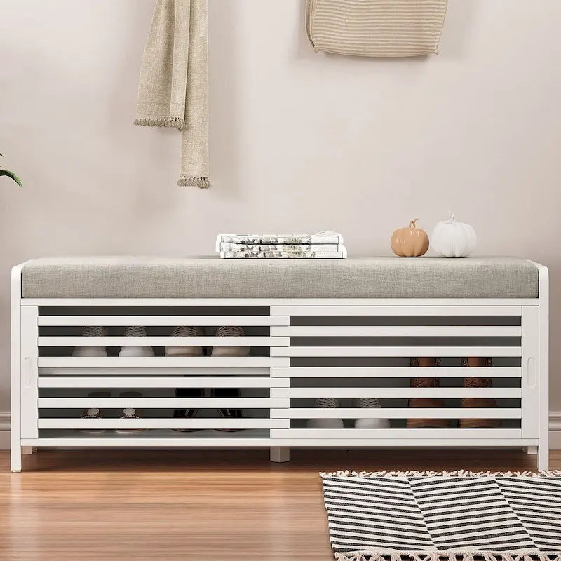Banco de almacenamiento de madera maciza de 43.30 con persianas contemporáneas de estilo envejecido