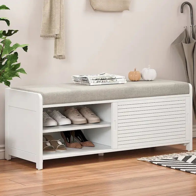 Banco de almacenamiento de madera maciza de 43.30 con persianas contemporáneas de estilo envejecido