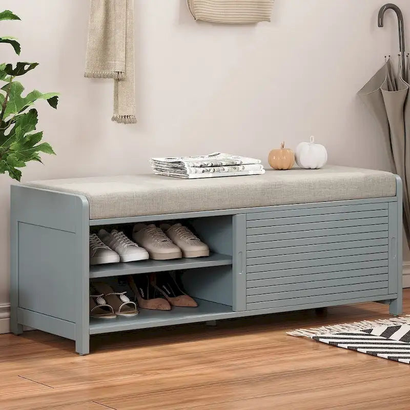 Banco de almacenamiento de madera maciza de 43.30 con persianas contemporáneas de estilo envejecido