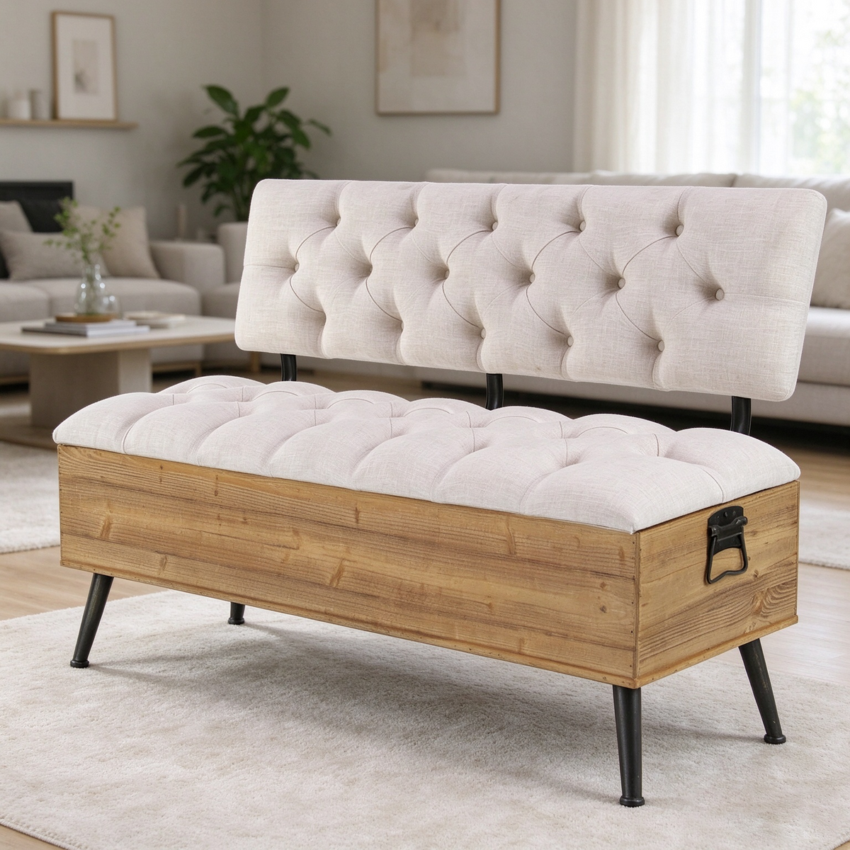 Banco de almacenamiento de madera con asiento y respaldo acolchados en color crema