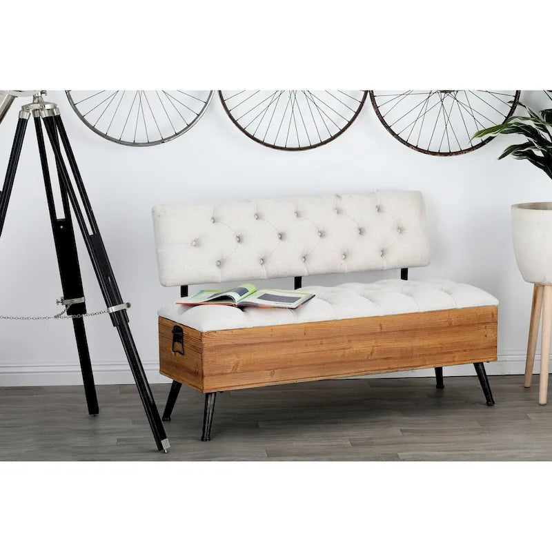 Banco de almacenamiento de madera con asiento y respaldo acolchados en color crema