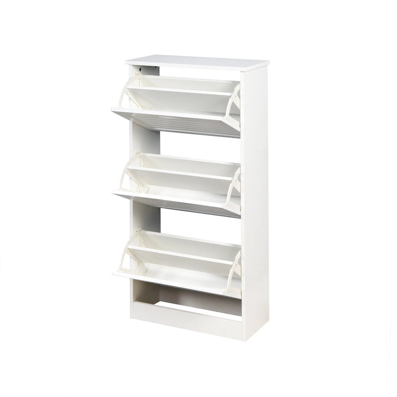 Schuhschrank aus Holz für den Eingangsbereich, weißer Schuhschrank mit 3 Klapptüren, 20.94x9.45x43.11 inch