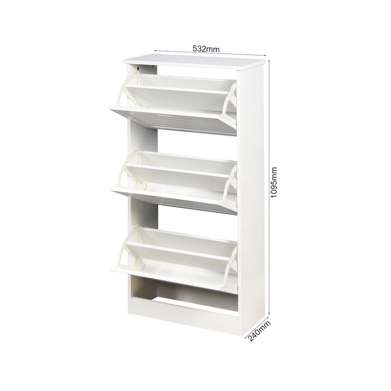 Schuhschrank aus Holz für den Eingangsbereich, weißer Schuhschrank mit 3 Klapptüren, 20.94x9.45x43.11 inch
