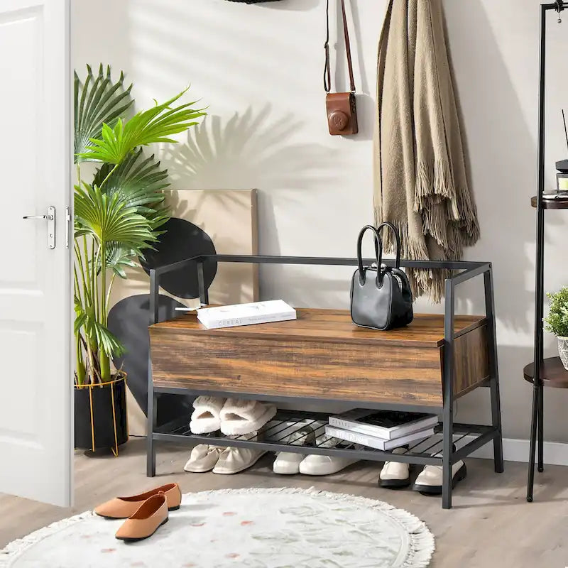 Banc à chaussures de style industriel avec organiseur, relevage à gaz et coffre de rangement dissimulé