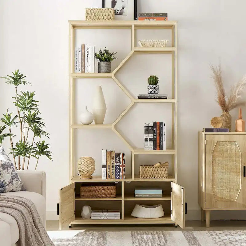 Rattan-Bücherregal mit 5 Ebenen, Aufbewahrungsregal mit Schrank für Wohnzimmer und Homeoffice