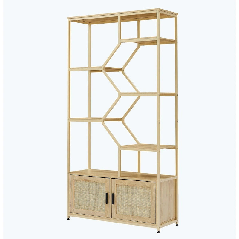 Rattan-Bücherregal mit 5 Ebenen, Aufbewahrungsregal mit Schrank für Wohnzimmer und Homeoffice