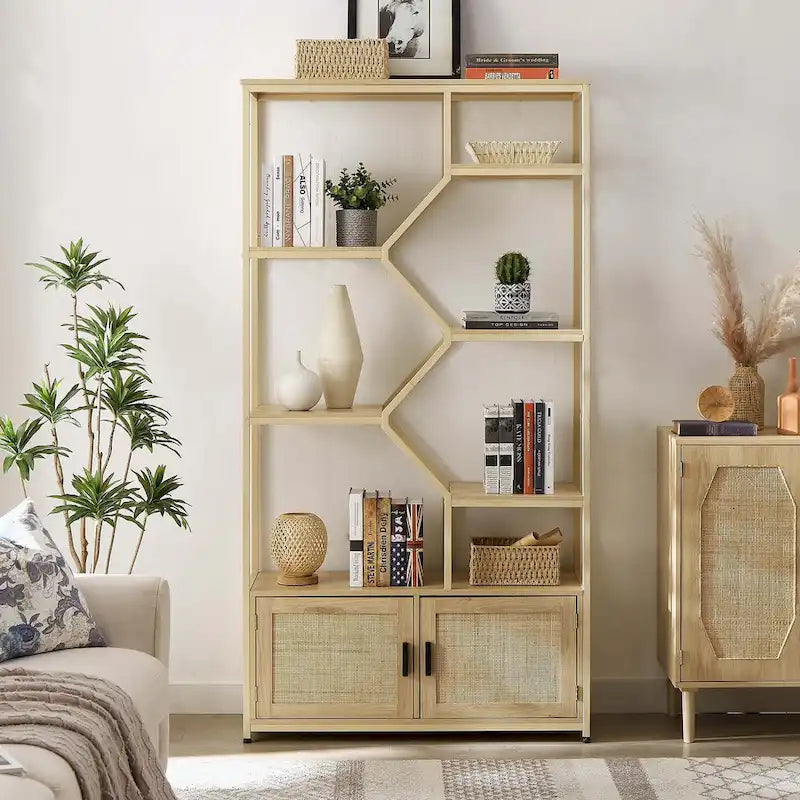 Rattan-Bücherregal mit 5 Ebenen, Aufbewahrungsregal mit Schrank für Wohnzimmer und Homeoffice