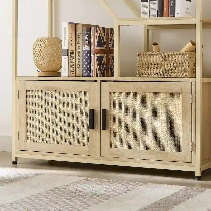 Rattan-Bücherregal mit 5 Ebenen, Aufbewahrungsregal mit Schrank für Wohnzimmer und Homeoffice