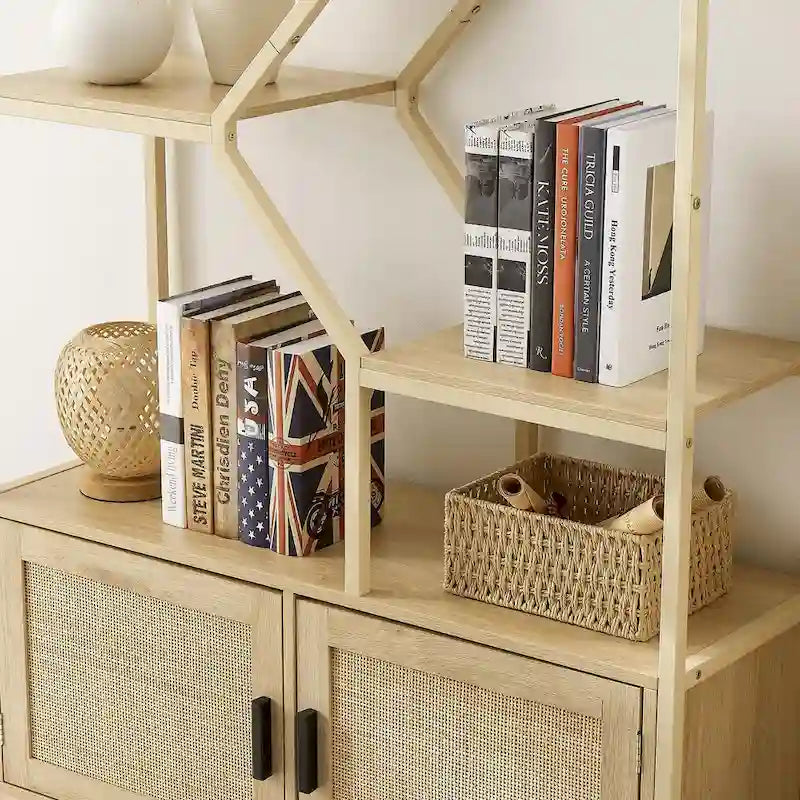 Rattan-Bücherregal mit 5 Ebenen, Aufbewahrungsregal mit Schrank für Wohnzimmer und Homeoffice