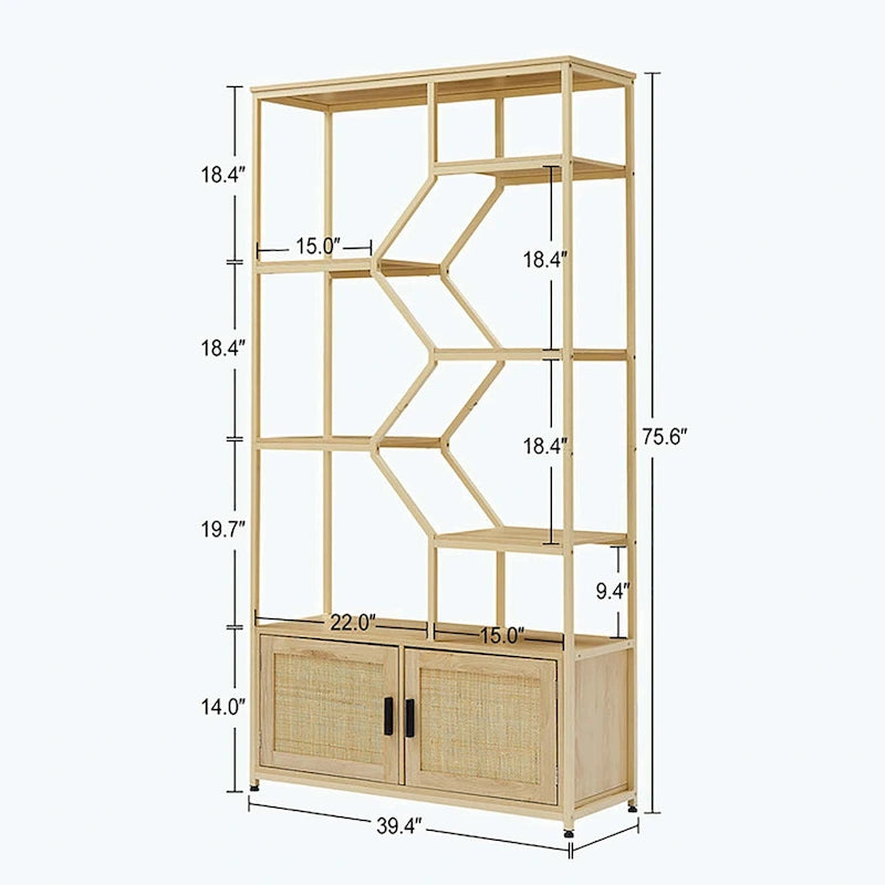 Rattan-Bücherregal mit 5 Ebenen, Aufbewahrungsregal mit Schrank für Wohnzimmer und Homeoffice