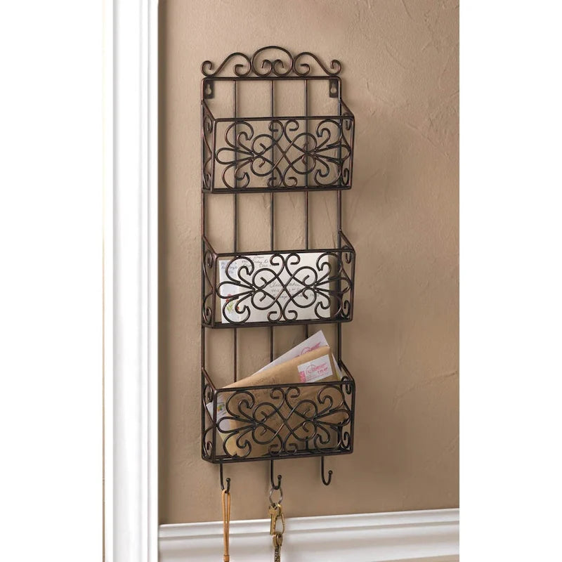 Estante de pared triple de 29 pulgadas, marrón, con encanto rústico vintage