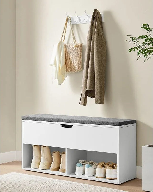 Banco zapatero de entrada de madera gris con asiento acolchado - 11.8D x 39.4W x 18.9H