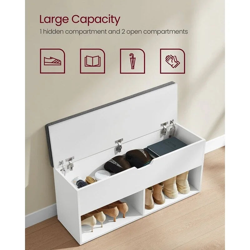 Banco zapatero de entrada de madera gris con asiento acolchado - 11.8D x 39.4W x 18.9H