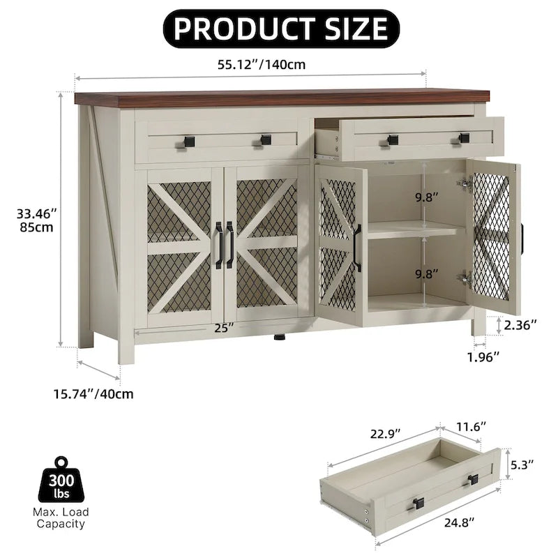 Boerderijstijl dressoir en koffiebar-kast van 55 inch