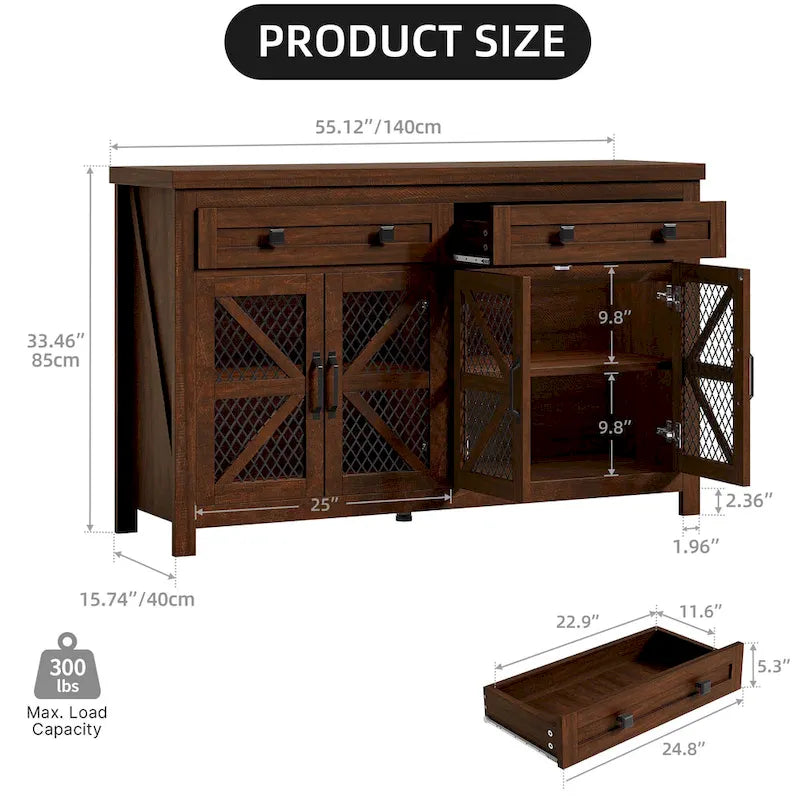 Boerderijstijl dressoir en koffiebar-kast van 55 inch