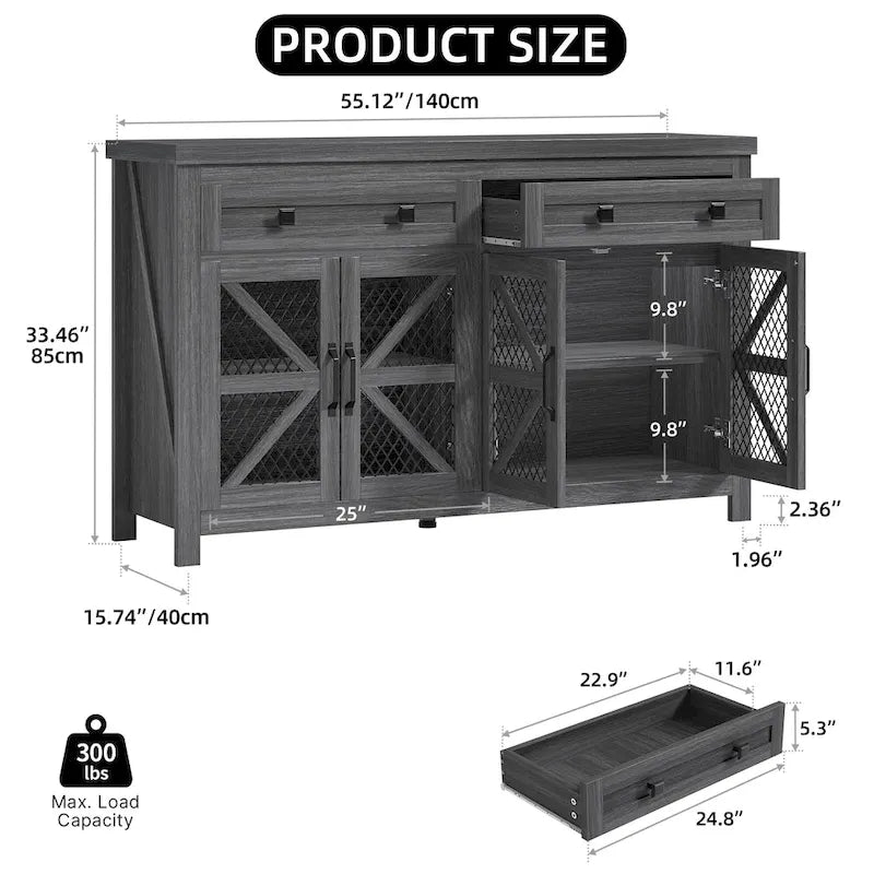 Boerderijstijl dressoir en koffiebar-kast van 55 inch