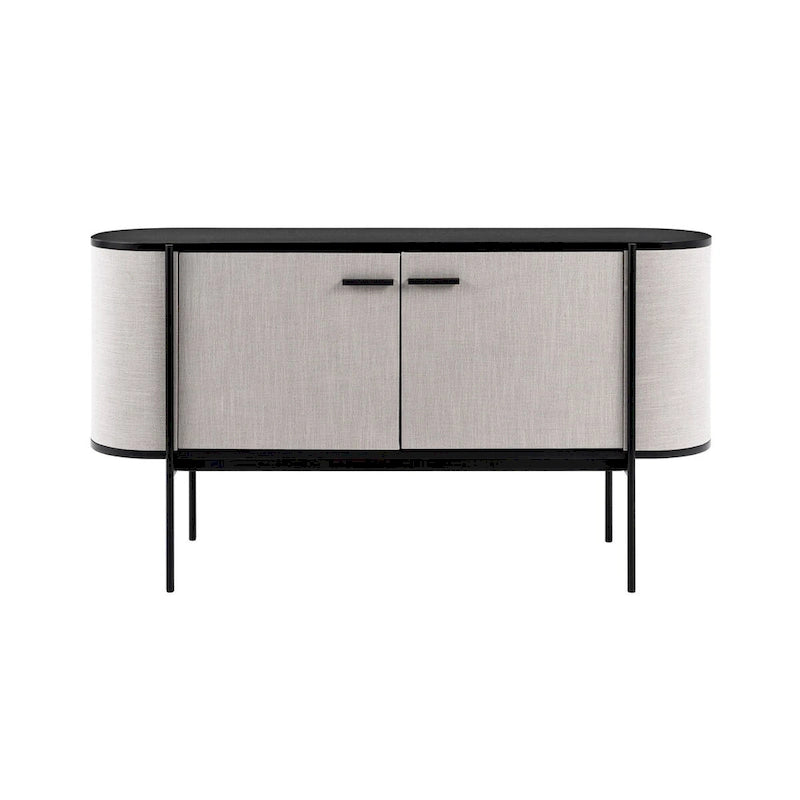 Aparador moderno de tela beige con detalles de metal negro
