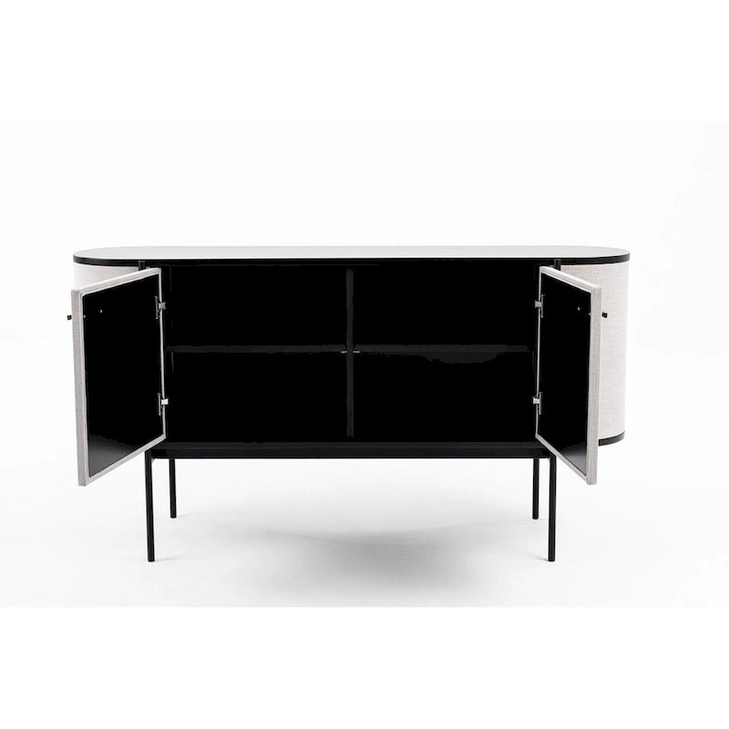 Aparador moderno de tela beige con detalles de metal negro