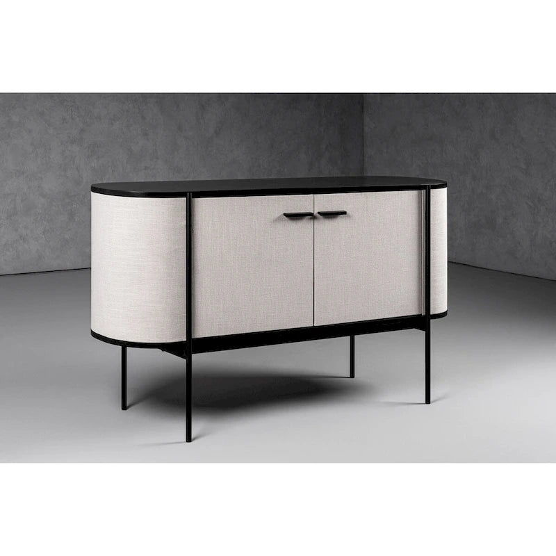 Aparador moderno de tela beige con detalles de metal negro
