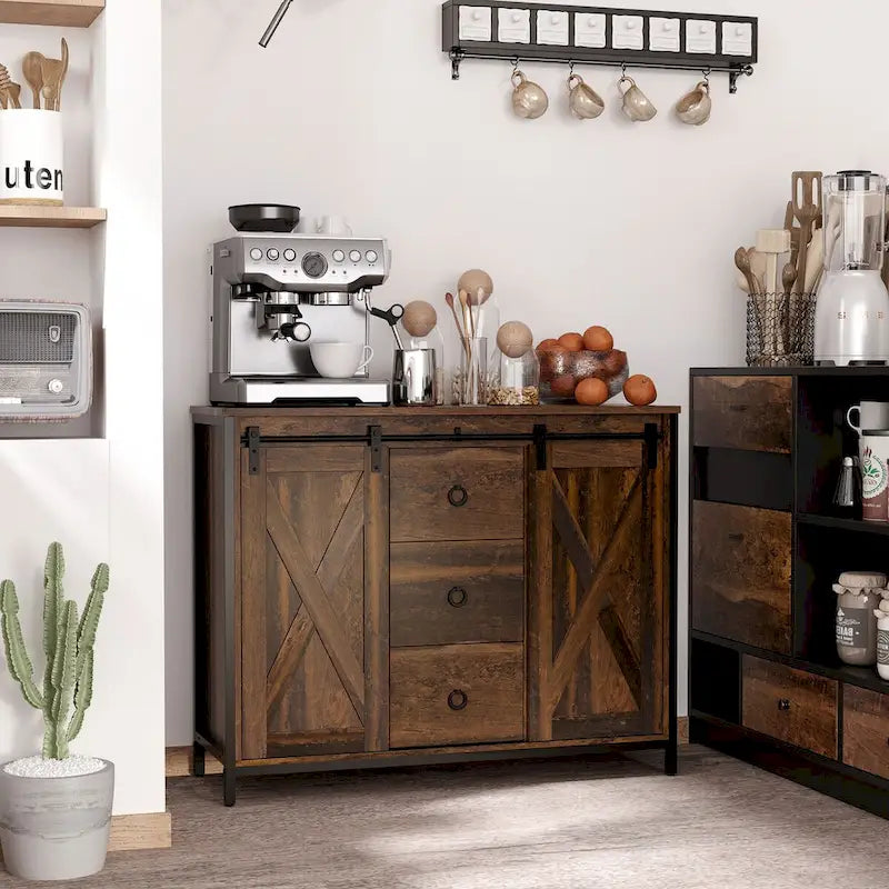 Aparador de estilo industrial y rústico, mueble auxiliar de cocina con puertas corredizas estilo granero, tres cajones y estantes ajustables