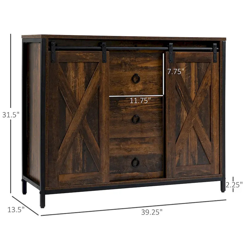 Aparador de estilo industrial y rústico, mueble auxiliar de cocina con puertas corredizas estilo granero, tres cajones y estantes ajustables