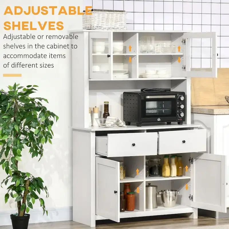 Aparador de cocina de 63.5 con alacena superior, 4 estantes, cajones y puertas de vidrio con marco
