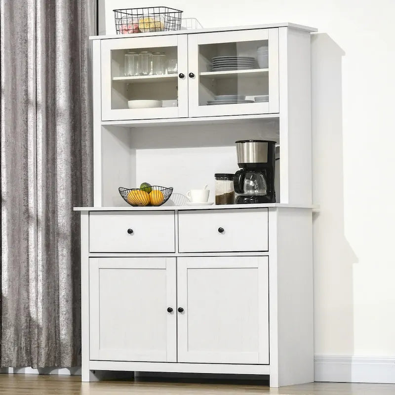 Keukenbuffet van 63.5 met opzetkast, 4 planken, laden en glazen deuren met omlijsting