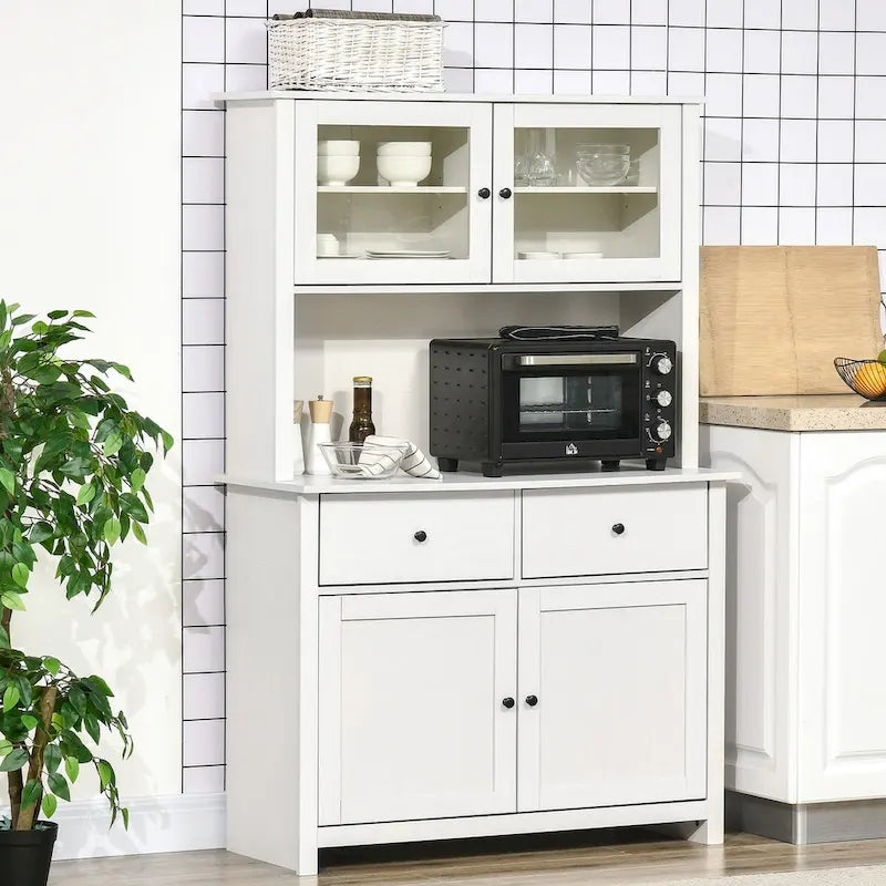 Keukenbuffet van 63.5 met opzetkast, 4 planken, laden en glazen deuren met omlijsting