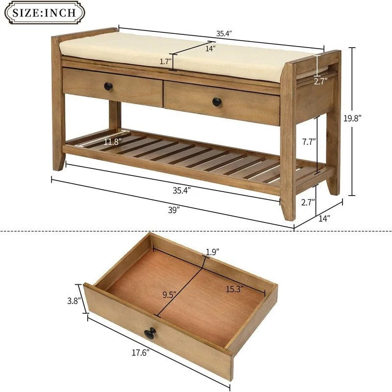 Ławka do przechowywania butów z poduszką - 39.4D x 13.8W x 18.9H
