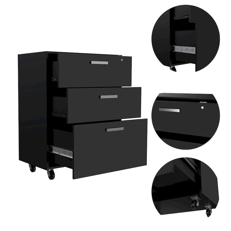 Armario de almacenamiento - parte superior superior, armario base con cajones, tres cajones, cuatro ruedas - Negro