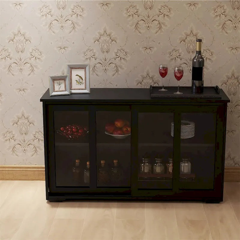 Aparador de cocina con almacenamiento, estante ajustable y puerta de vidrio, negro