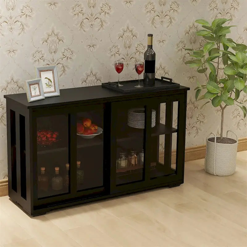 Aparador de cocina con almacenamiento, estante ajustable y puerta de vidrio, negro