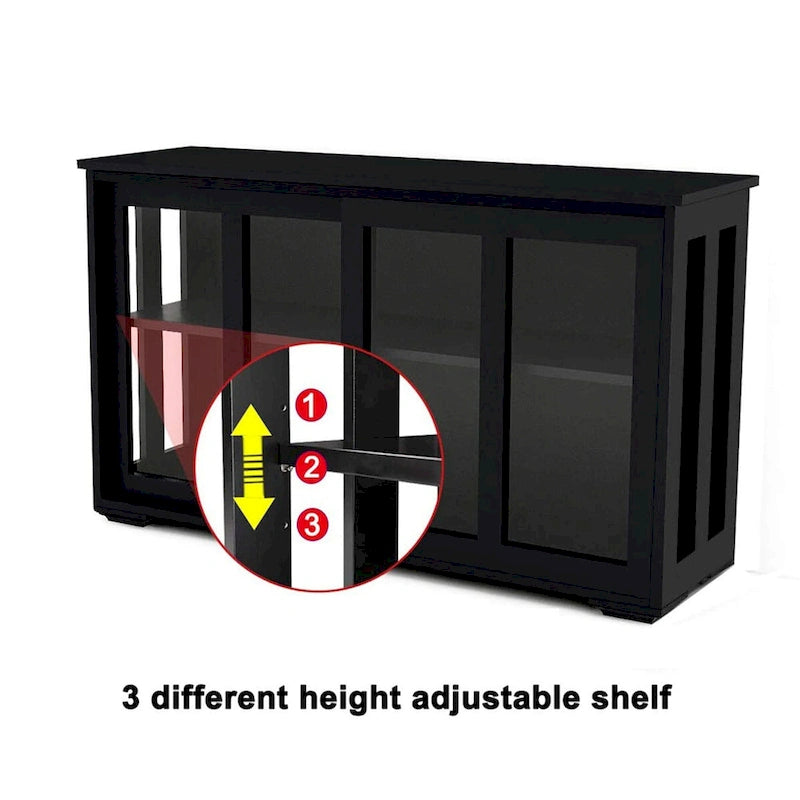 Aparador de cocina con almacenamiento, estante ajustable y puerta de vidrio, negro