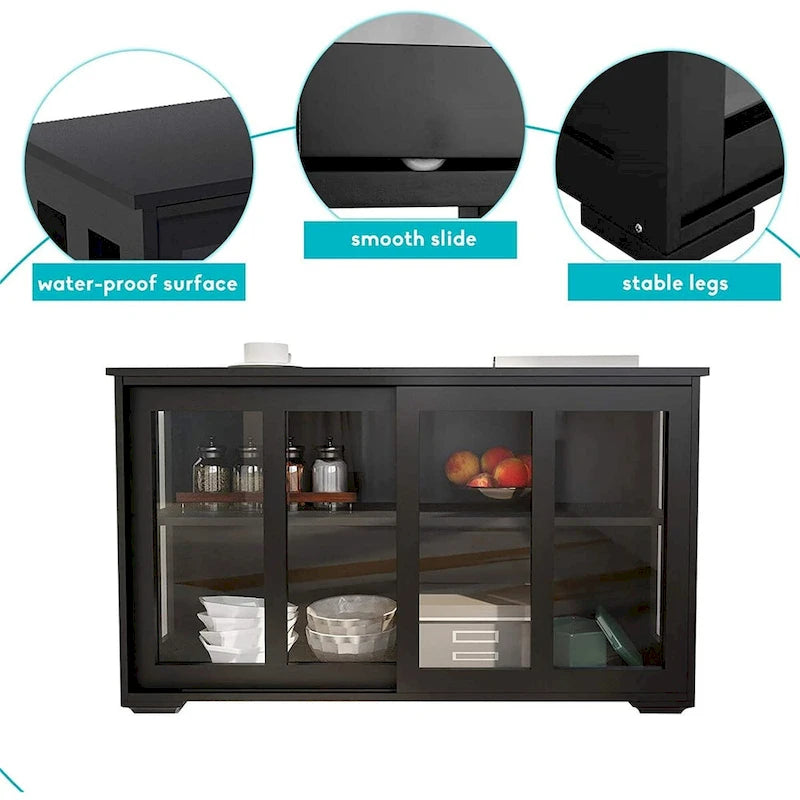 Keukenbuffet-dressoir met opbergruimte, verstelbare plank en glazen deur, zwart