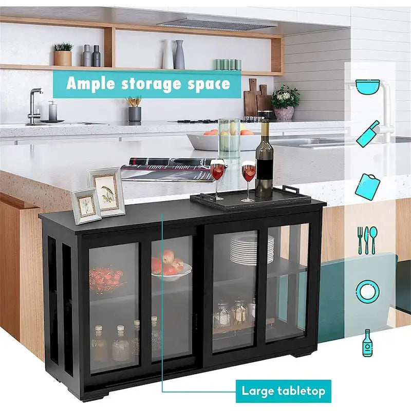 Keukenbuffet-dressoir met opbergruimte, verstelbare plank en glazen deur, zwart