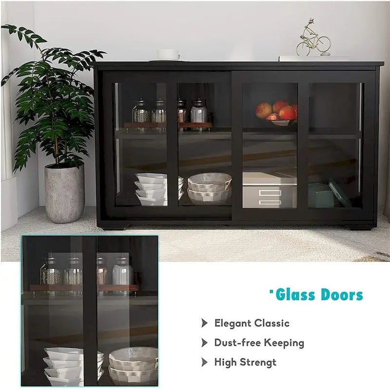 Keukenbuffet-dressoir met opbergruimte, verstelbare plank en glazen deur, zwart