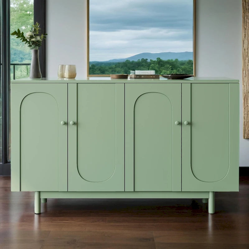 Armario de almacenamiento moderno de 4 puertas con diseño intaglio y estante ajustable, armario elegante y decorativo con patas de pino, aparador auxiliar